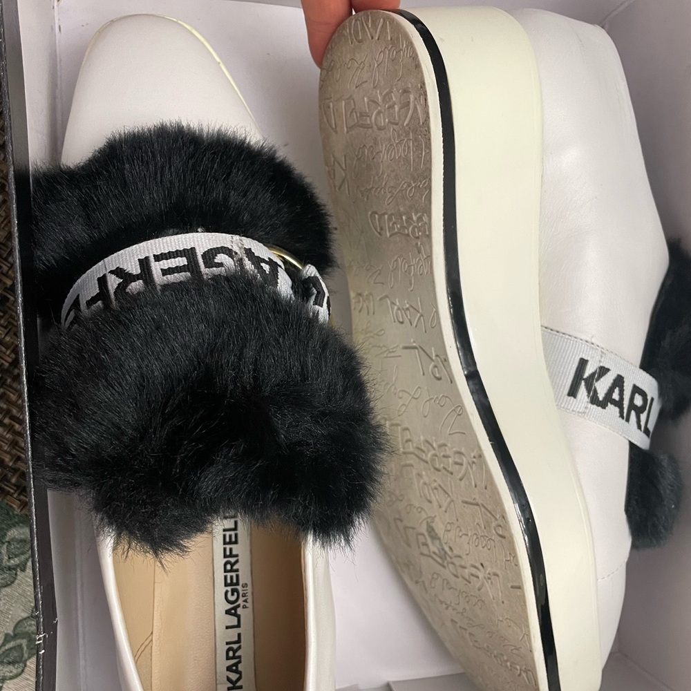 Karl Lagerfeld White Platform Slip-On Mules with Black Faux Fur and Logo Band